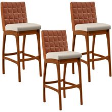 Kit 03 Banquetas Altas Cozinha Sala De Jantar Fixa Mila B04 Couríssimo Camel Linho Cru - Lyam Decor