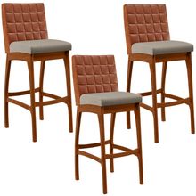 Kit 03 Banquetas Altas Cozinha Sala De Jantar Fixa Mila B04 Couríssimo Camel Linho Bege - Lyam Decor