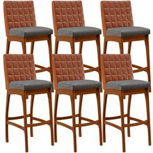 Kit 06 Banquetas Altas Sala De Jantar Fixa Mila B04 Couríssimo Camel Linho Cinza Escuro - Lyam Decor