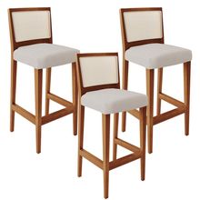 Kit 03 Banquetas Alta Para Cozinha Encosto em Tela Branco Zion L02 Linho Cru - Lyam Decor