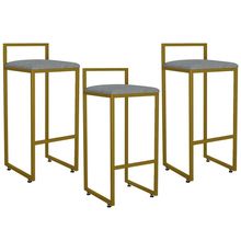 Kit 03 Banquetas Alta Para Cozinha Sala De Jantar Hanna L02 Dourado Linho Cinza Escuro - Lyam Decor