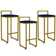 Kit 03 Banquetas Alta Para Cozinha Sala De Jantar Hanna L02 Dourado Suede Azul Marinho - Lyam Decor