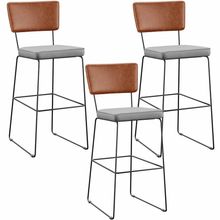 Kit 03 Banquetas Altas Cozinha Sala Jantar Fixa Allana L02 Couríssimo Camel Linho Cinza - Lyam Decor