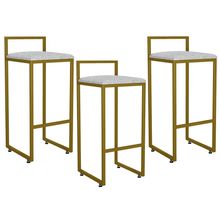 Kit 03 Banquetas Altas Para Cozinha Sala De Jantar Hanna L02 Dourado Linho Cinza - Lyam Decor