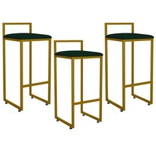 Kit 03 Banquetas Altas Para Cozinha Sala De Jantar Hanna L02 Dourado Suede Verde Musgo - Lyam Decor
