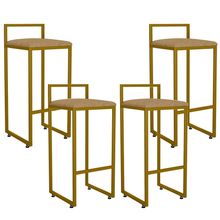 Kit 04 Banquetas Alta Para Cozinha Sala De Jantar Hanna L02 Dourado Linho Bege Escuro - Lyam Decor