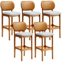 Kit 5 Banquetas Alta Bar Cozinha Jantar Betta L02 Imbuia Couríssimo Whisky Linho Cinza - Lyam Decor