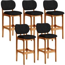 Kit 5 Banquetas Alta Bar Cozinha Sala Jantar Fixa Betta L02 Imbuia Linho Chumbo - Lyam Decor