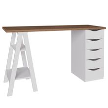 Mesa Para Escritório Escrivaninha Home Office 05 Gavetas Spirit Nogal A02 Branco - Lyam Decor