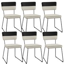 Kit 06 Cadeiras Decorativas Estofada Allana L02 Faixa Corano Preto Linho Champagne - Lyam Decor
