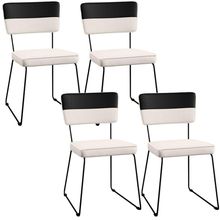 Kit 4 Cadeiras Decorativas Estofada Base De Aço Allana L02 Faixa Corano Preto Linho Cru - Lyam Decor
