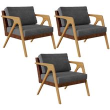 Kit 03 Poltronas Decorativas Pietra L02 Couríssimo Marrom Linho Cinza Escuro - Lyam Decor