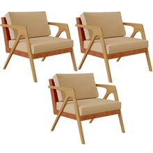 Kit 03 Poltronas Decorativas Sala Estar Pietra L02 Couríssimo Camel Linho Bege Escuro - Lyam Decor
