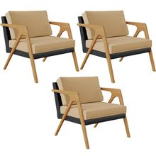 Kit 03 Poltronas Decorativas Sala Estar Pietra L02 Couríssimo Preto Linho Bege Escuro - Lyam Decor