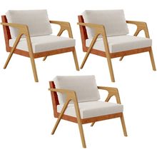 Kit 03 Poltronas Decorativas Sala Estar Pietra L02 Couríssimo Camel Linho Cru - Lyam Decor
