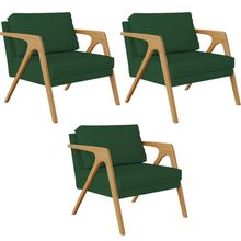 Kit 03 Poltronas Decorativas Sala Pietra Estrutura De Madeira L02 Suede Verde Musgo - Lyam Decor