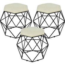 Kit 03 Puffs Decorativo Aramado Preto Six L02 Suede Bege - Lyam Decor