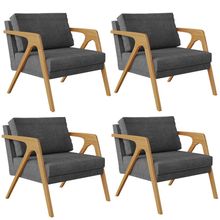 Kit 04 Poltrona Decorativa Para Sala Pietra Estrutura De Madeira L02 Linho Cinza Escuro - Lyam Decor