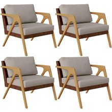 Kit 04 Poltronas Decorativas Para Sala De Estar Pietra L02 Couríssimo Marrom Linho Bege - Lyam Decor