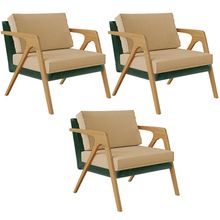Kit 03 Poltronas Decorativas Sala Estar Pietra L02 Facto Verde Musgo Linho Bege Escuro - Lyam Decor