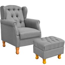 Poltrona de Amamentação Yara P02 com Puff Paris Luis Xv L02 Linho Cinza Escuro - Lyam Decor