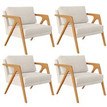 Kit 04 Poltronas Decorativas Sala Estar Pietra Estrutura De Madeira L02 Linho Champagne - Lyam Decor