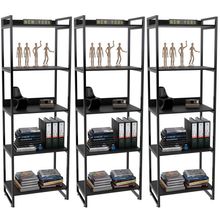 Kit 03 Estantes 5 Prateleiras Escritório Estilo Industrial Form C01 187x60cm Preto Onix - Lyam Decor