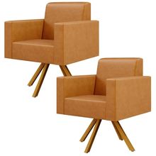 Kit 02 Poltronas Decorativa Base Giratória de Madeira Helô L02 Couríssimo Whisky - Lyam Decor
