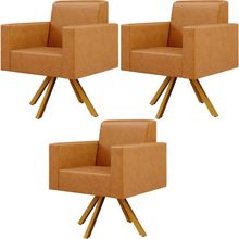 Kit 03 Poltronas Decorativa Base Giratória de Madeira Helô L02 Couríssimo Whisky - Lyam Decor