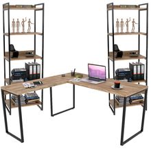 Kit Mesa Para Escritório Industrial em L com 2 Estantes com 5 Prateleiras Form C01 Carvalho - Lyam Decor