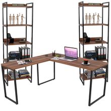 Kit Mesa Para Escritório Industrial em L com 2 Estantes com 5 Prateleiras Form C01 Nogal - Lyam Decor