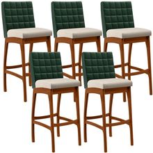 Kit 05 Banquetas Altas Cozinha Sala De Jantar Fixa Mila B04 Facto Verde Musgo Linho Cru - Lyam Decor