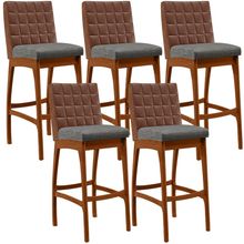 Kit 05 Banquetas Altas Sala Jantar Fixa Mila B04 Couríssimo Marrom Linho Cinza Escuro - Lyam Decor