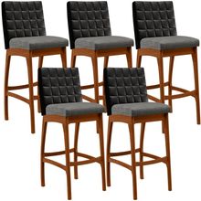 Kit 05 Banquetas Altas Sala De Jantar Fixa Mila B04 Couríssimo Preto Linho Cinza Escuro - Lyam Decor