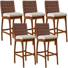 Kit 05 Banquetas Altas Sala De Jantar Fixa Mila B04 Couríssimo Marrom Linho Champagne - Lyam Decor