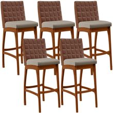 Kit 05 Banquetas Altas Cozinha Sala Jantar Fixa Mila B04 Couríssimo Marrom Linho Bege - Lyam Decor