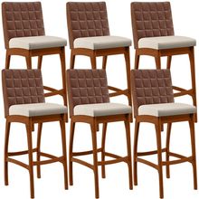 Kit 06 Banquetas Altas Cozinha Sala De Jantar Fixa Mila B04 Couríssimo Marrom Linho Cru - Lyam Decor