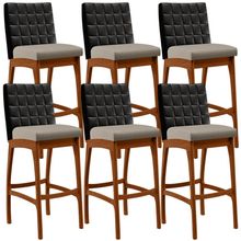 Kit 06 Banquetas Altas Cozinha Sala De Jantar Fixa Mila B04 Couríssimo Preto Linho Bege - Lyam Decor