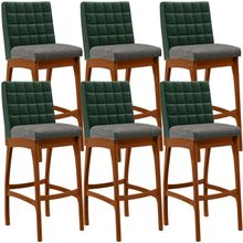 Kit 06 Banquetas Altas Sala Jantar Fixa Mila B04 Facto Verde Musgo Linho Cinza Escuro - Lyam Decor