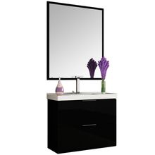 Conjunto Banheiro Gabinete 80cm Com Lavatório E Espelho Pietra B06 Preto Brilho - Lyam Decor