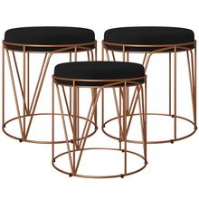 Kit 03 Puffs Decorativo Aramado Bronze Zaya L02 Suede Preto - Lyam Decor