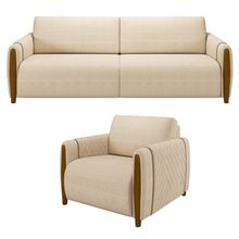 Kit Sofá 03 Lugares Sala Estar 223cm Com Poltrona Flora Pés De Madeira M03 Linho Bege - Lyam Decor
