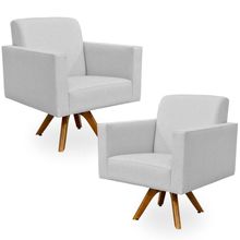 Kit 02 Poltronas Decorativas Giratória Sala Estar Base de Madeira Helô L02 Linho Cinza - Lyam Decor