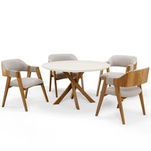 Mesa De Jantar Redonda Cora 120cm Off White M04 com 04 Cadeiras Living Suran Bouclê Creme - Lyam