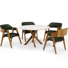 Mesa De Jantar Redonda Cora 120cm Off White M04 com 04 Cadeiras Living Suran Couríssimo Verde Musgo - Lyam
