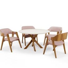 Mesa De Jantar Redonda Cora 120cm Off White M04 com 04 Cadeiras Living Suran Linho Rosê - Lyam