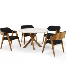 Mesa De Jantar Redonda Cora 120cm Off White M04 com 04 Cadeiras Living Suran Suede Preto - Lyam
