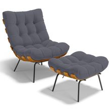 Poltrona Costela L02 com Puff Sala de Estar Suede Cinza - Lyam Decor