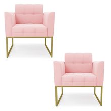 Kit 2 Poltronas Elisa Suede Rosa Bebê Base Metálica Industrial Dourado - D&#039Rossi