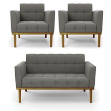Namoradeira com 2 Poltronas Base de Madeira Castanho Elisa Suede Grafite D03 - D&#039Rossi